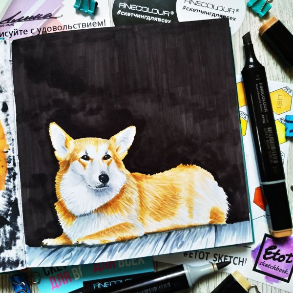 Собака скетч маркерами