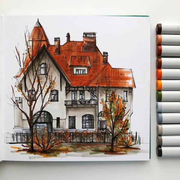 Домики деревянный акварель и маркер