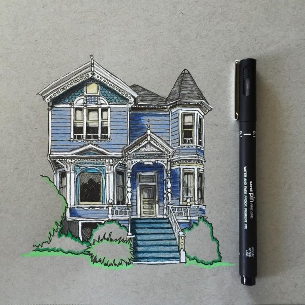 Домик цветными карандашами