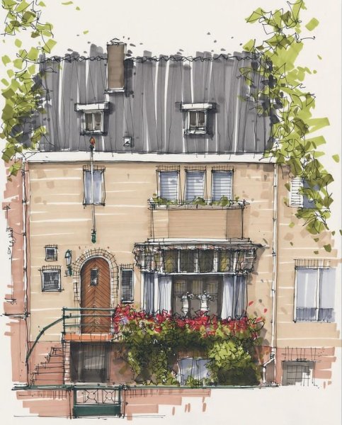 Городской скетч маркерами