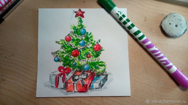 Елка с подарками акварель