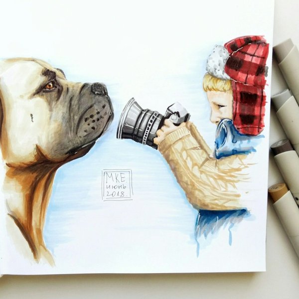 Собака скетч маркерами