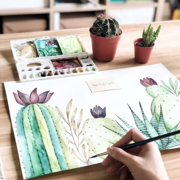 Кактус скетчинг акварель