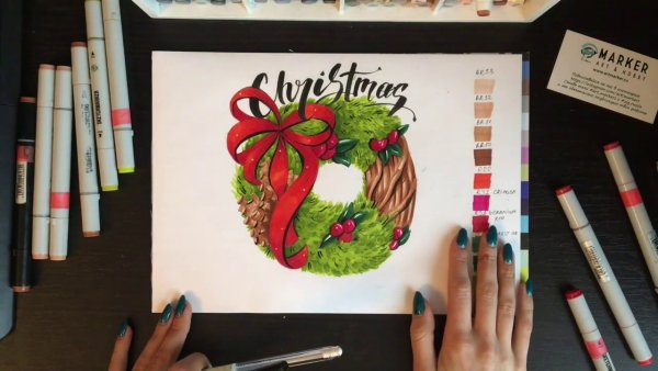 Скетчинг маркерами Рождественский венок