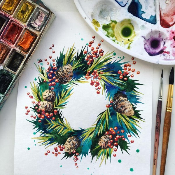 Новогодний венок акварель