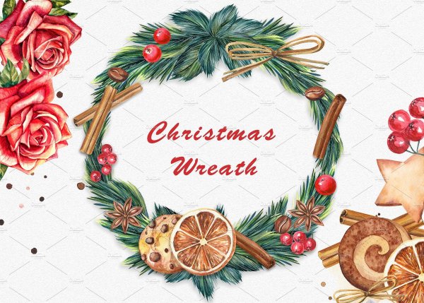 Новогодний венок акварель