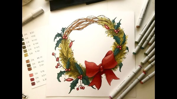 Скетчинг маркерами Рождественский венок