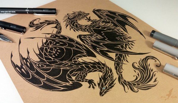 Тату маркером дракон