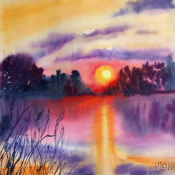 Сельский пейзаж гуашью