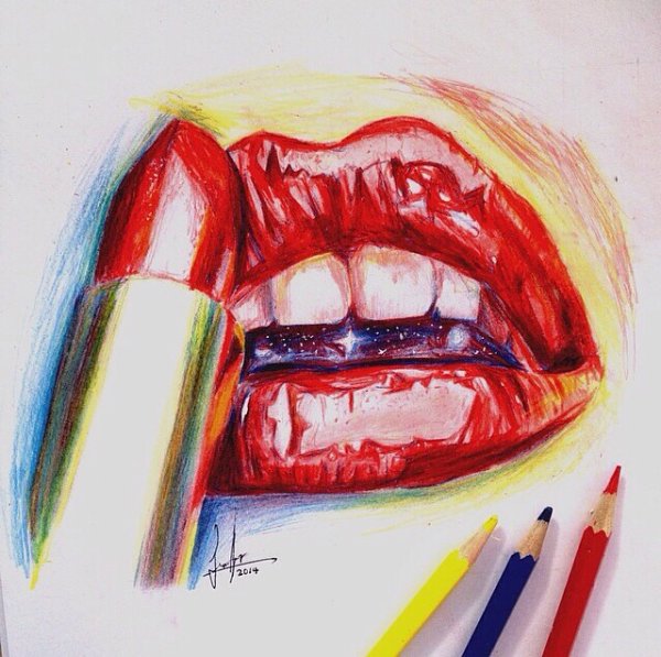 Губы цветными карандашами