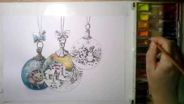 Рисунок новогоднего шарика маркерами