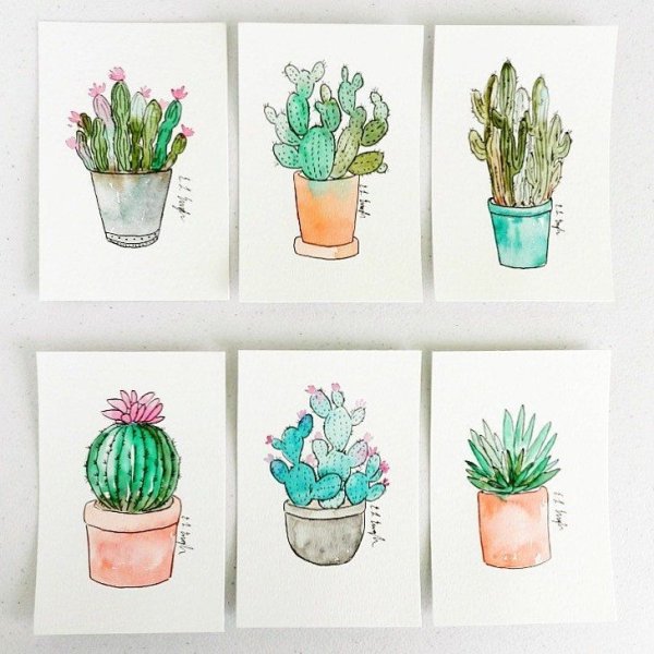 Кактус в горшке акварелью