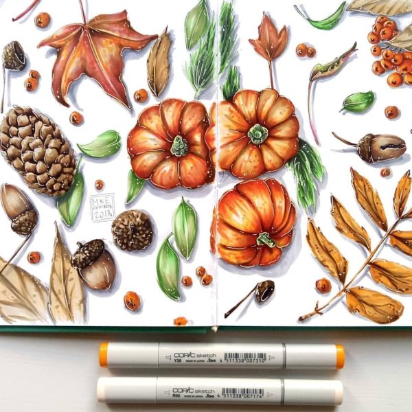 Листик маркерами осенний