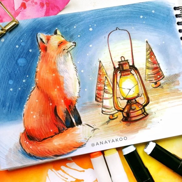 Лисичка скетч маркерами