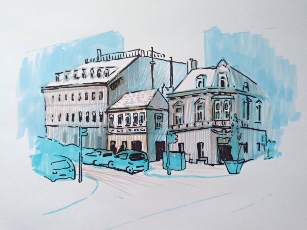 Скетч города маркерами