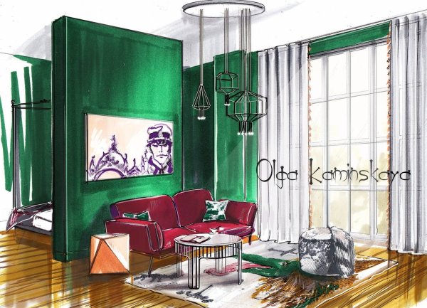 Интерьер скетч маркерами комната