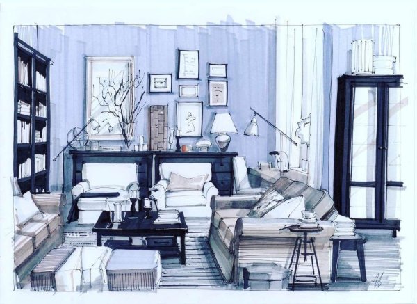 Холодные цвета в интерьере гостиной скетчинг