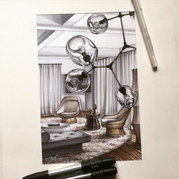 Эскиз интерьера маркерами