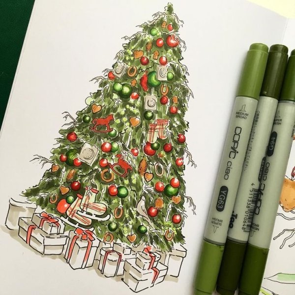 Новогодняя елка скетч маркерами