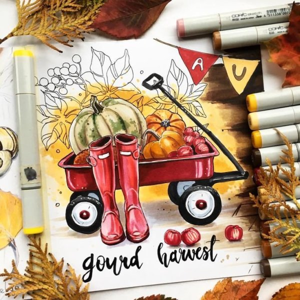 Осенний скетч маркерами