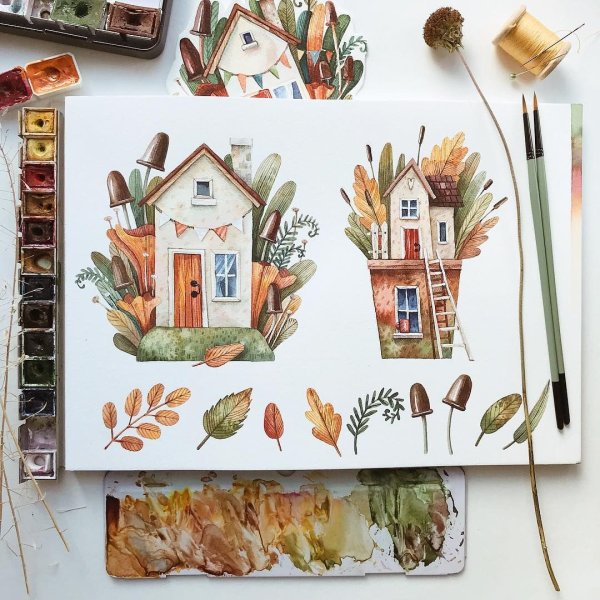 Осенний скетч маркерами для начинающих