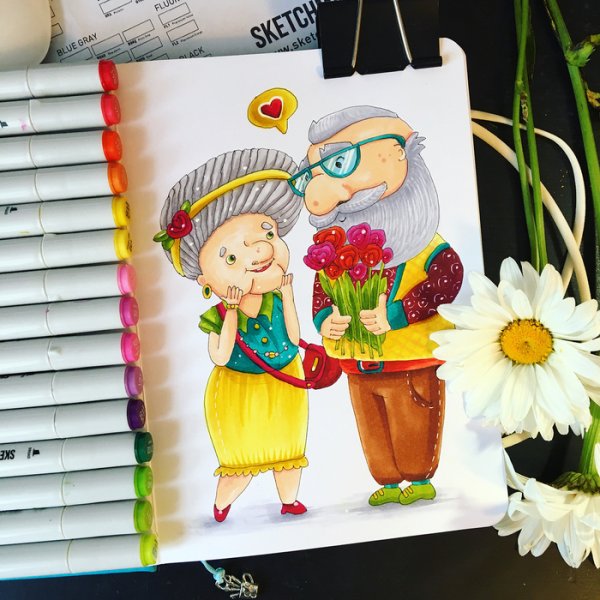 Открытка маркерами на др бабушке