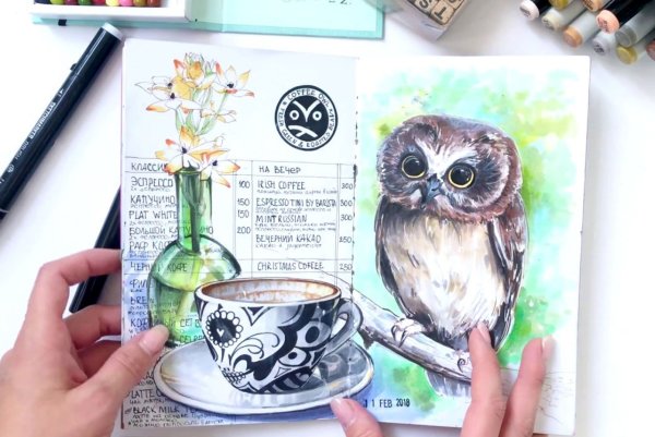 Сова маркерами для скетчинга