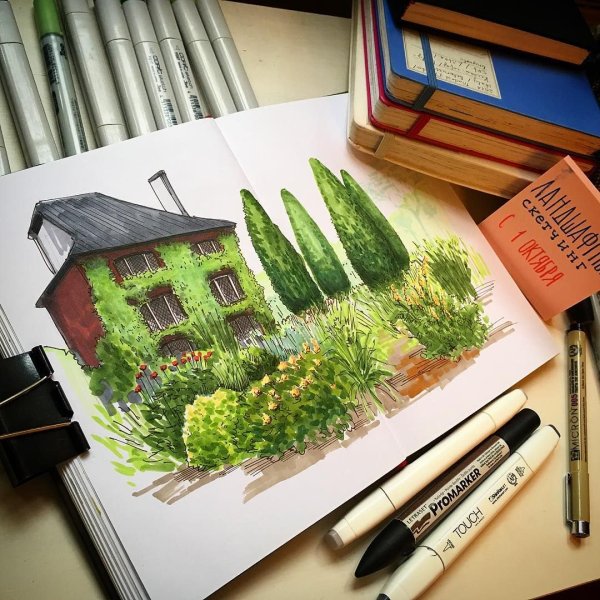 Пейзаж маркерами для скетчинга