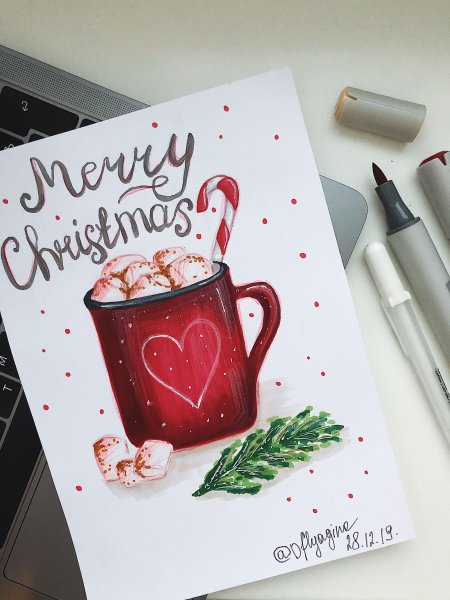 Кружка какао с маршмеллоу скетчинг