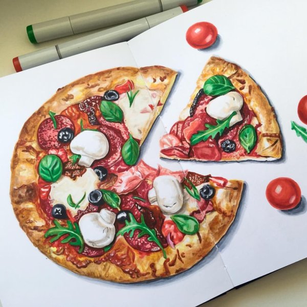 Кусок пиццы маркерами