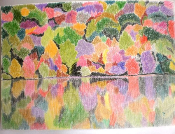 Пейзаж цветными карандашами и фломастерами