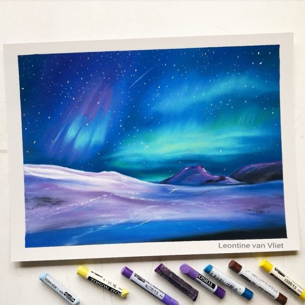 Северное сияние масляной пастелью