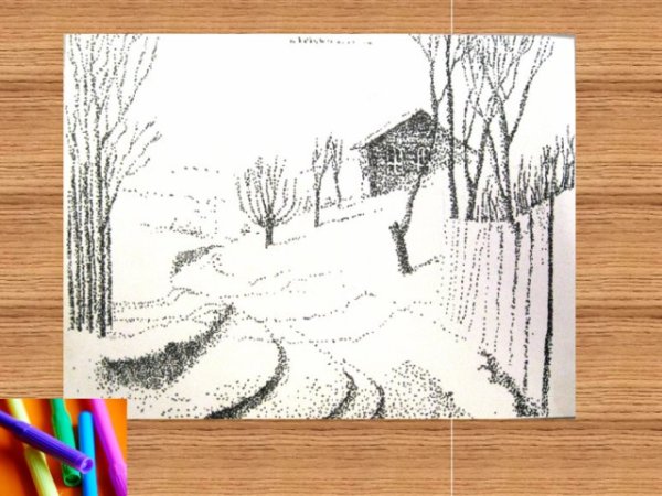Зимний рисунок карандашом фломастером