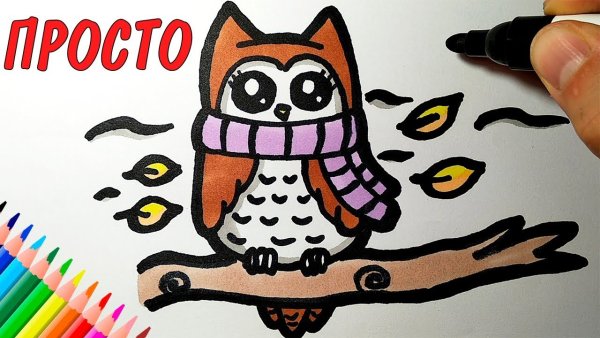 Сова фломастерами рисунок детский