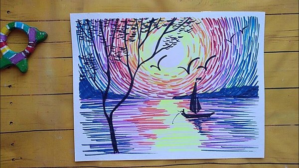 Пейзаж закат карандашом