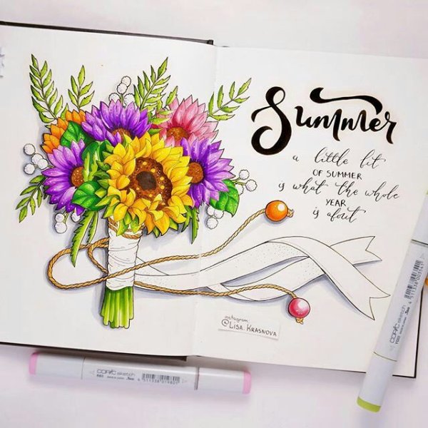 Букет цветов фломастерами для скетчинга