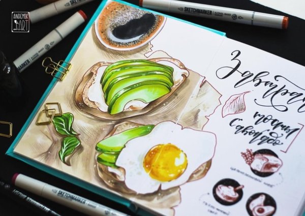 Скетчи цветными карандашами авокадо