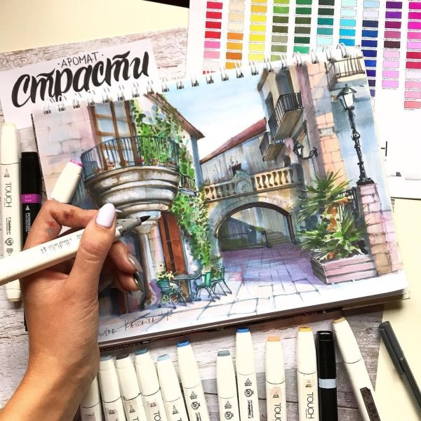 Пейзаж маркерами для скетчинга