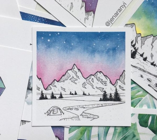 Полароиды рисунки акварелью легкие пейзажи