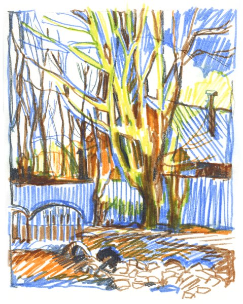 Декоративный пейзаж цветными карандашами