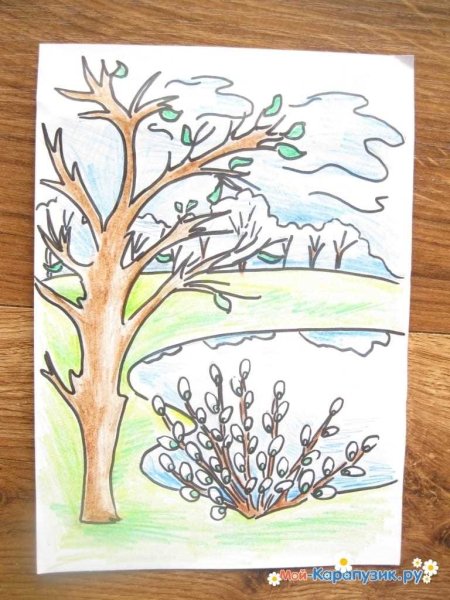 Пейзаж цветными карандашами Весна