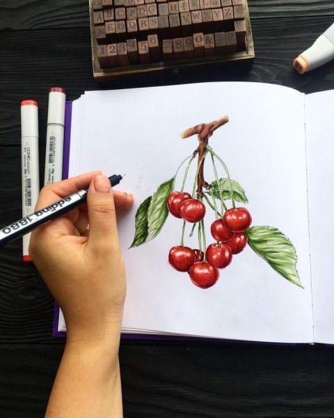 Вишенка маркерами для скетчинга