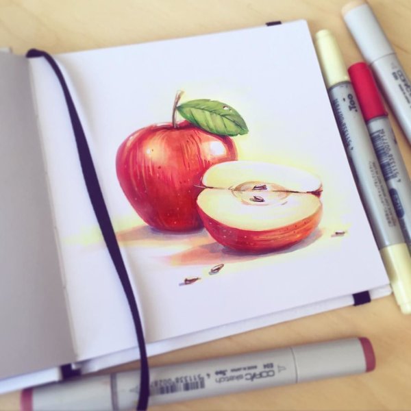 Яблоко рисунок фломастерами