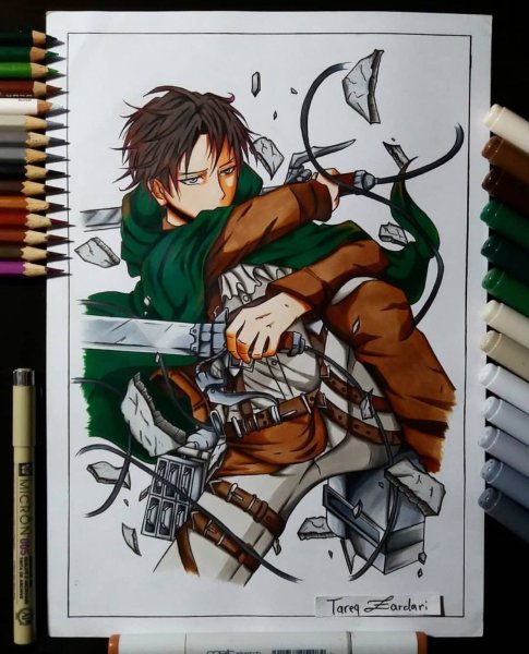 Скетч маркерами Леви атака титанов