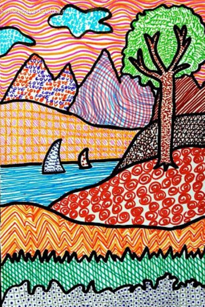 Декоративный пейзаж фломастерами