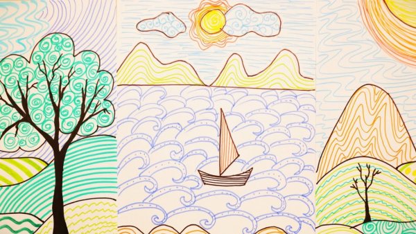 Пейзаж линиями фломастерами