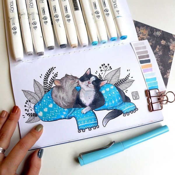 Кот маркерами для скетчинга