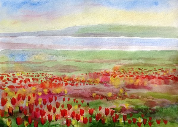 Пейзаж акварелью на стене