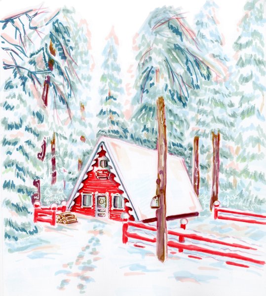 Домик в Снежном лесу рисунок