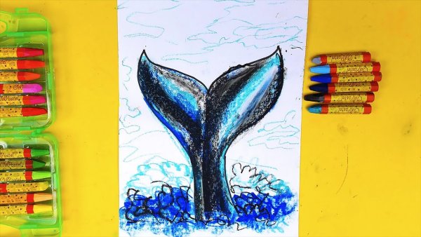 Рыба кит папа рисует масляной пастелью